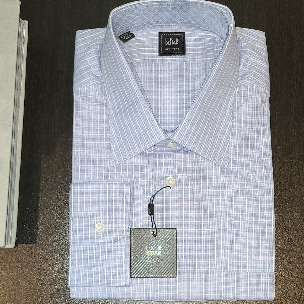 New Ike Behar Men's Light Blue Checkered Dress Shirt- SZ 18.5